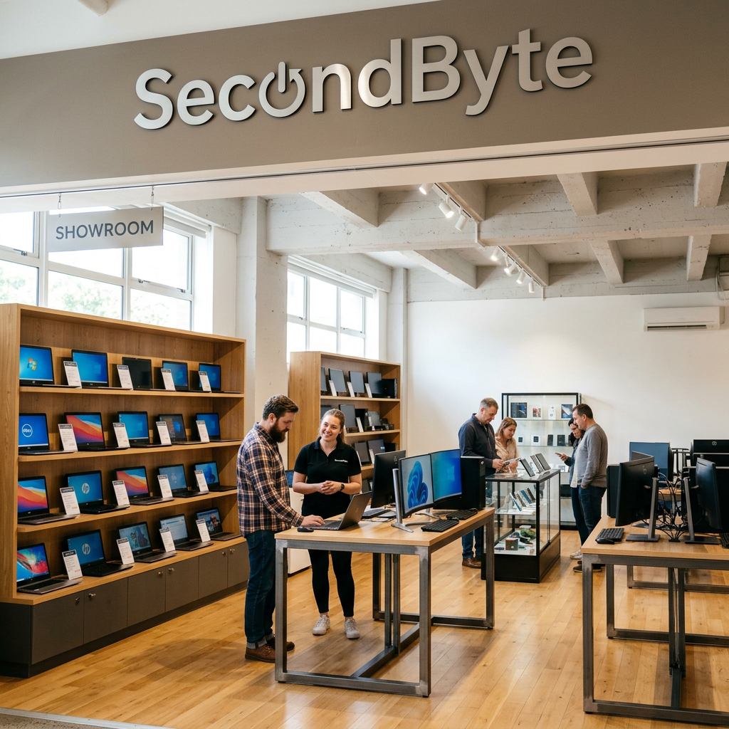 SecondByte showroom displaying laptops, monitors, and refurbished electronics